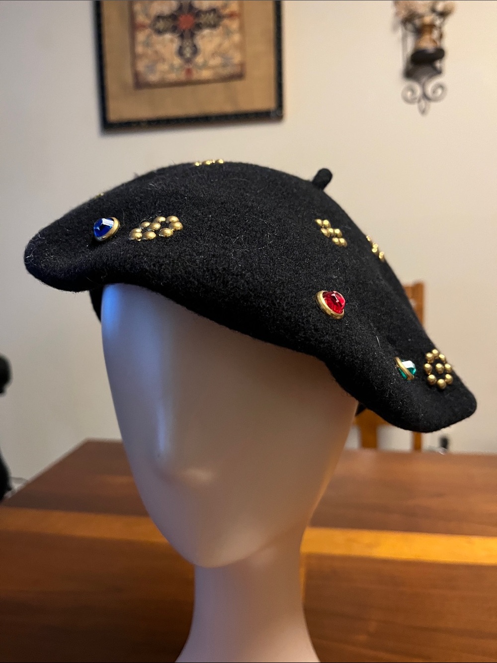 Black Embellished Wool Beret with Jewel Accents, vintage from Czechoslovakia